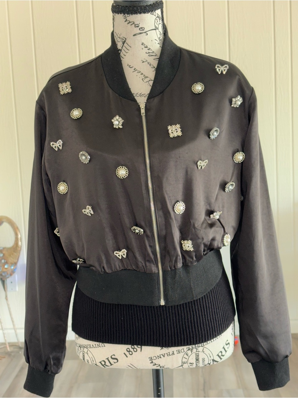 Black Embellished Bomber Jacket - Women's Stylish Zip-Up